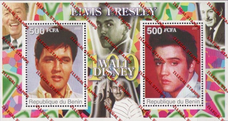 Benin 2002 Elvis Presley Walt Disney Illegal Stamp Souvenir Sheet