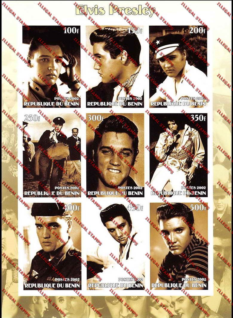 Benin 2002 Elvis Presley Illegal Stamp Sheetlet of Nine