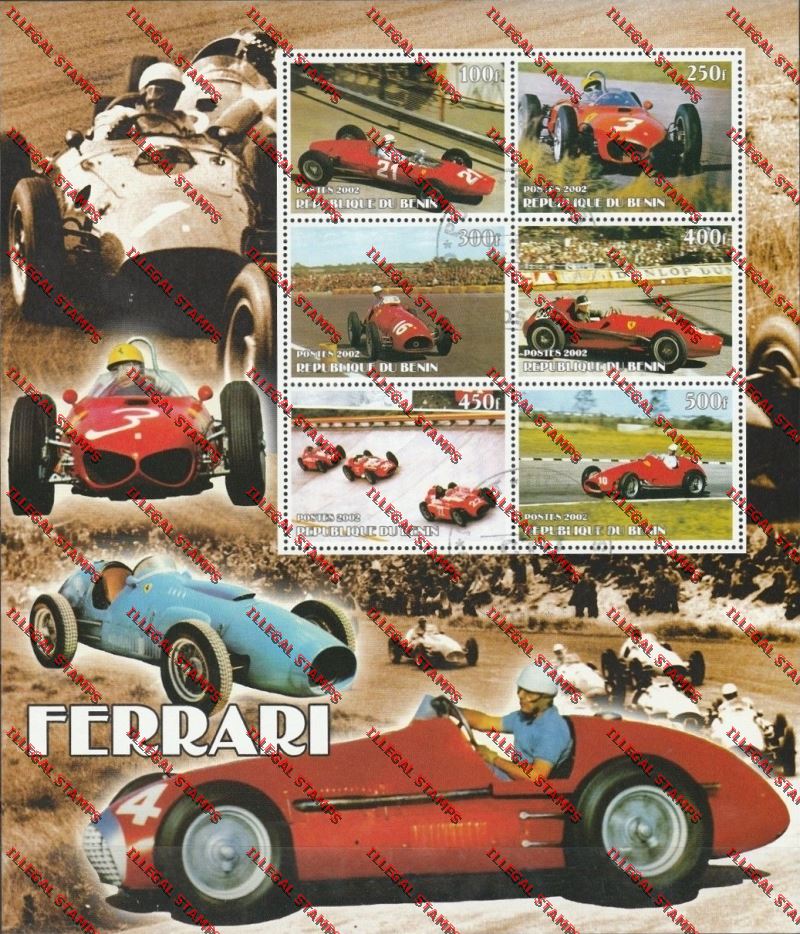 Benin 2002 Ferrari Racing Cars Illegal Stamp Souvenir Sheetlet of Six