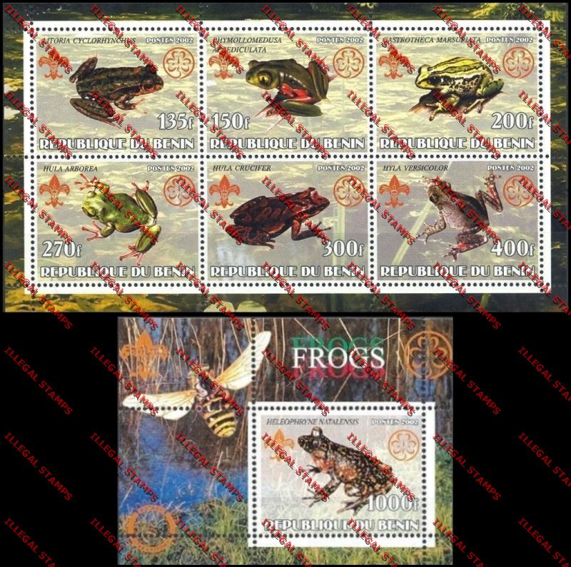 Benin 2002 Frogs with Scouts Emblems Illegal Stamp Sheetlet of Six and Souvenir Sheet