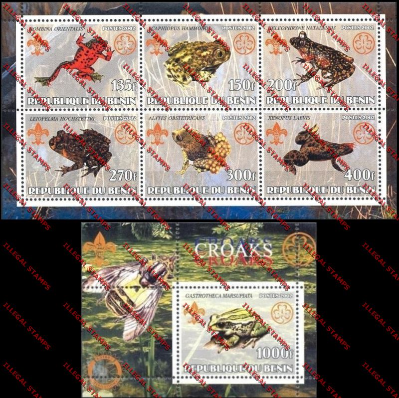 Benin 2002 Frogs with Scouts Emblems Illegal Stamp Sheetlet of Six and Souvenir Sheet Titled Croaks