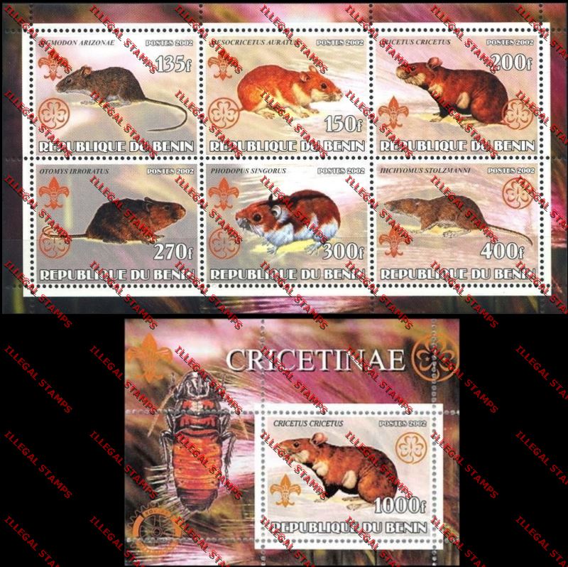 Benin 2002 Hamsters with Scouts Emblems Illegal Stamp Sheetlet of Six and Souvenir Sheet Titled Cricetinae