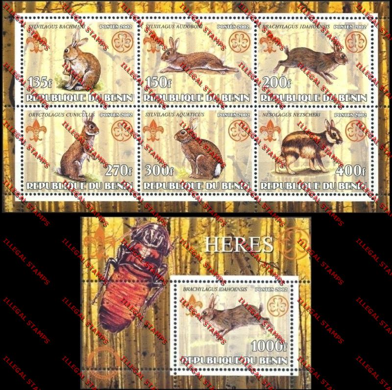 Benin 2002 Hares with Scouts Emblems Illegal Stamp Sheetlet of Six and Souvenir Sheet Titled Heres