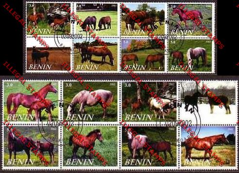 Benin 2002 Horses with CTO Cancels Illegal Stamp Sheetlets of Eight