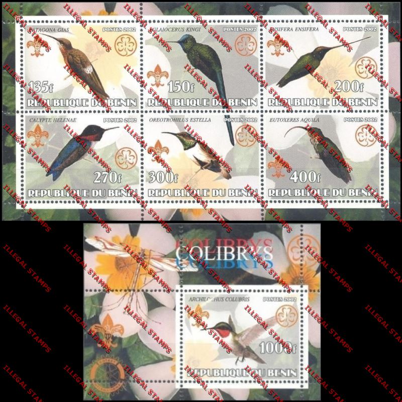 Benin 2002 Hummingbirds with Scouts Emblems Illegal Stamp Sheetlet of Six and Souvenir Sheet