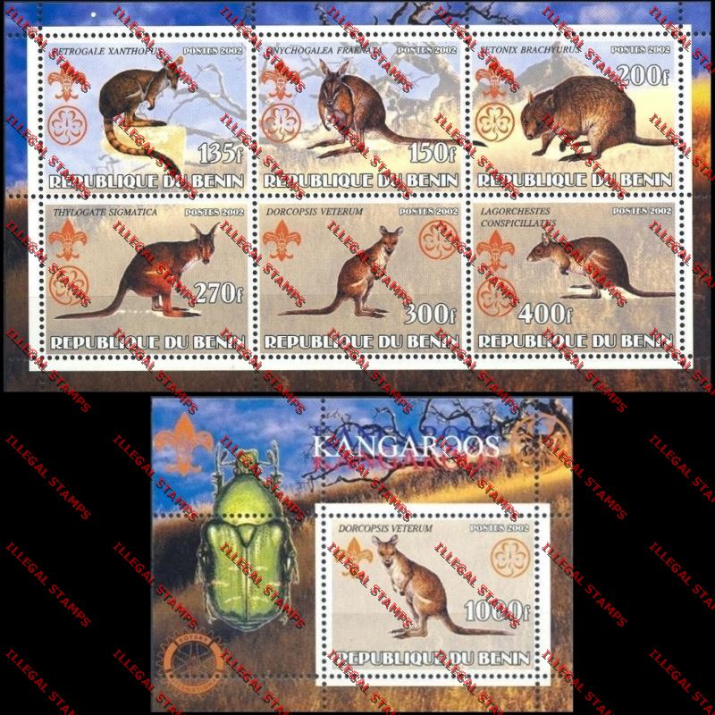 Benin 2002 Kangaroos with Scouts Emblems Illegal Stamp Sheetlet of Six and Souvenir Sheet
