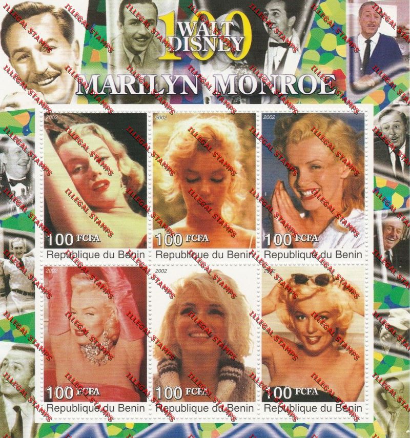 Benin 2002 Marilyn Monroe Walt Disney Illegal Stamp Souvenir Sheetlet of Six