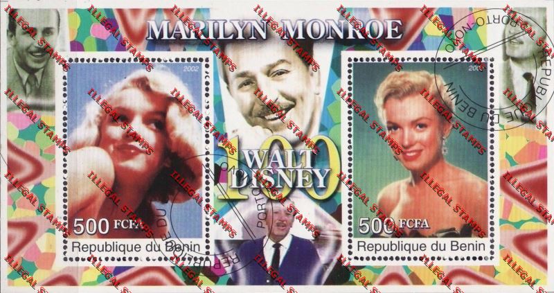 Benin 2002 Marilyn Monroe Walt Disney Illegal Stamp Souvenir Sheet