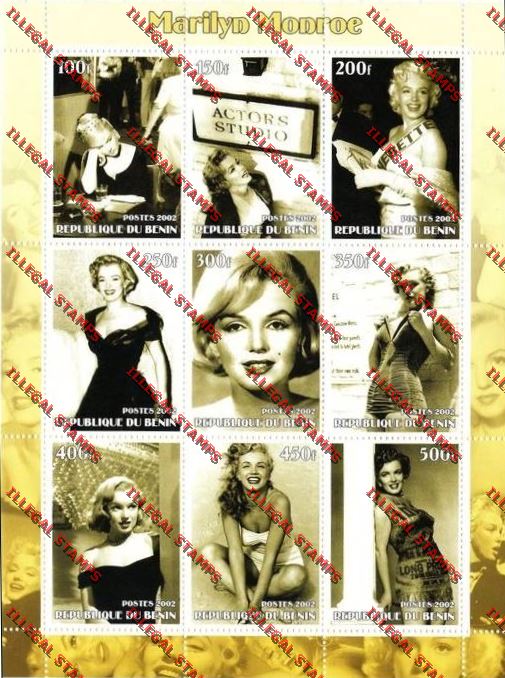 Benin 2002 Marilyn Monroe Illegal Stamp Sheetlet of Nine