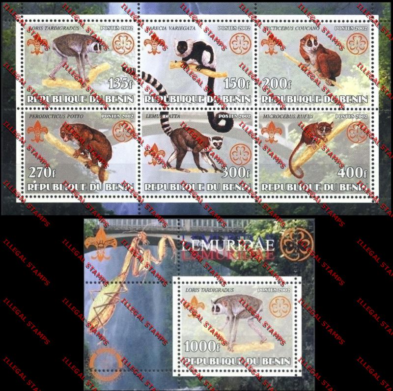 Benin 2002 Monkeys with Scouts Emblems Illegal Stamp Sheetlet of Six and Souvenir Sheet Titled Lemuridae