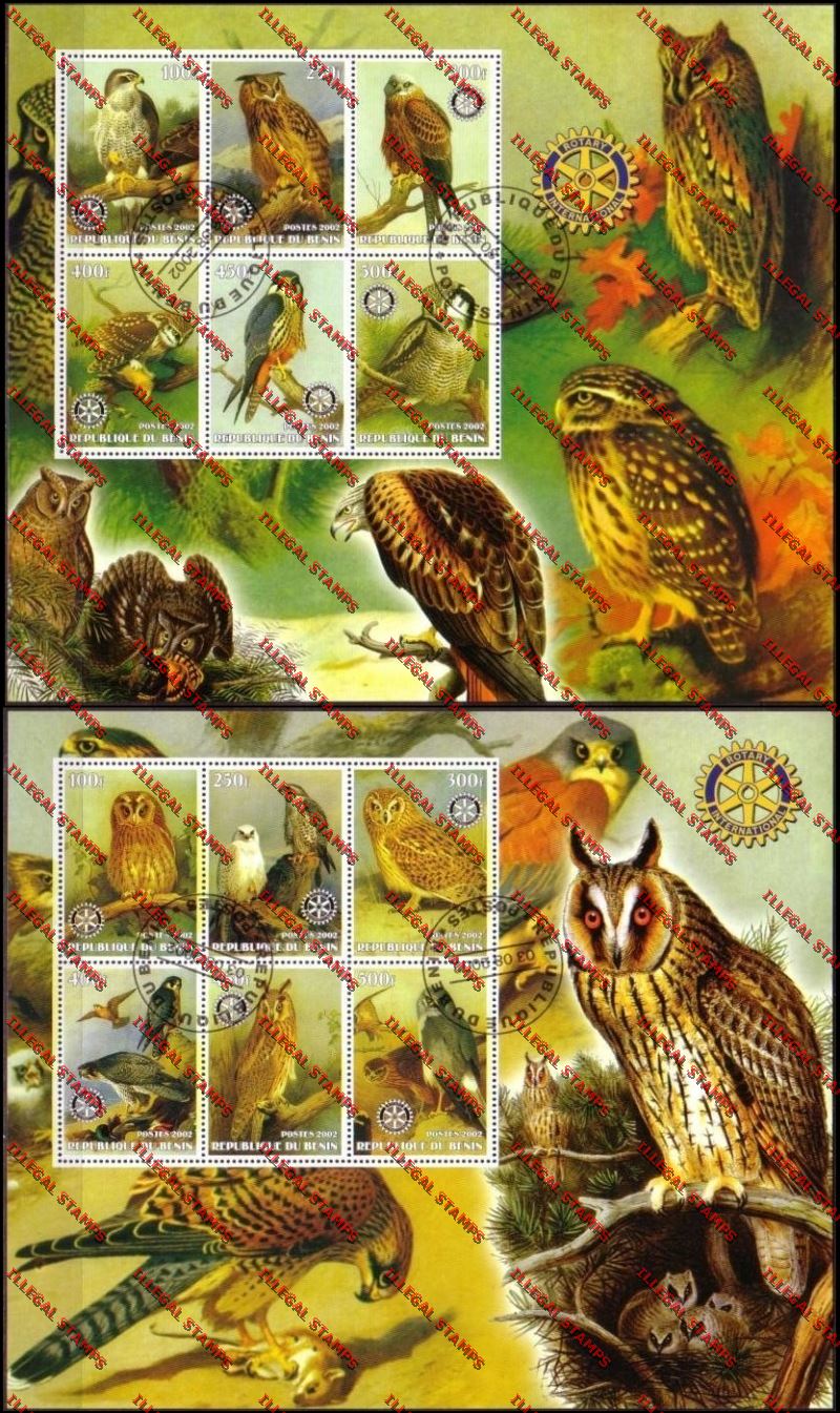 Benin 2002 Owls and Birds of Prey with Rotary Emblem Illegal Stamp Souvenir Sheetlets of Six