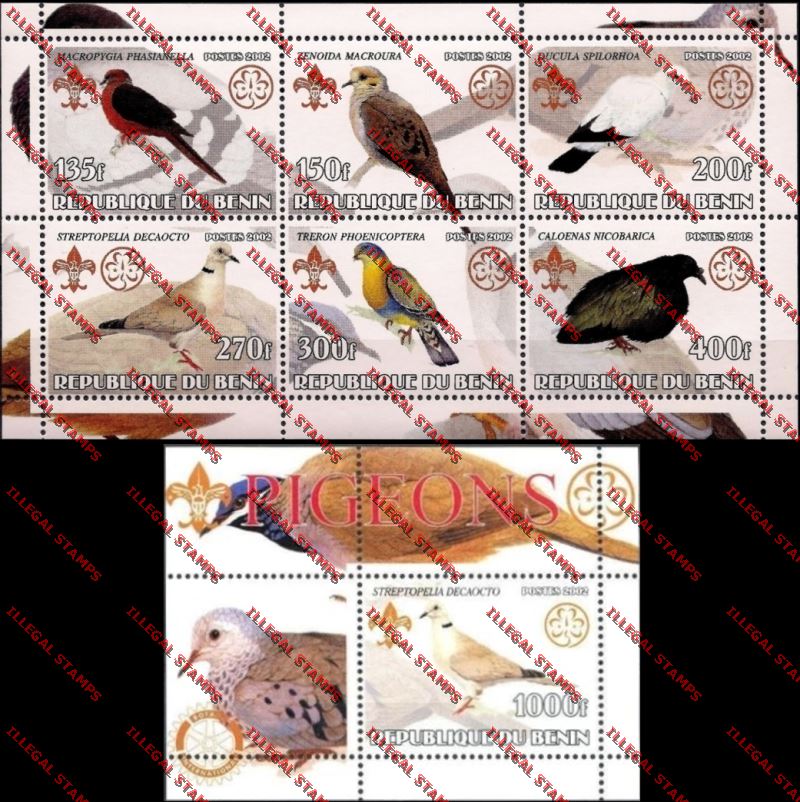 Benin 2002 Pigeons with Scouts Emblems Illegal Stamp Sheetlet of Six and Souvenir Sheet