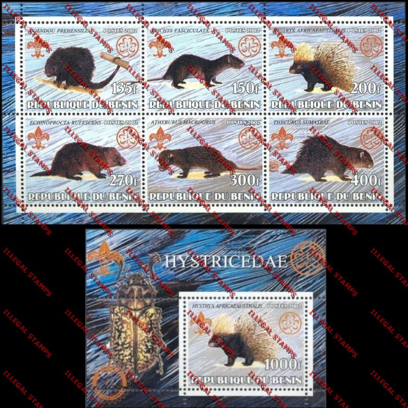 Benin 2002 Porcupines with Scouts Emblems Illegal Stamp Sheetlet of Six and Souvenir Sheet Titled Hystricedae