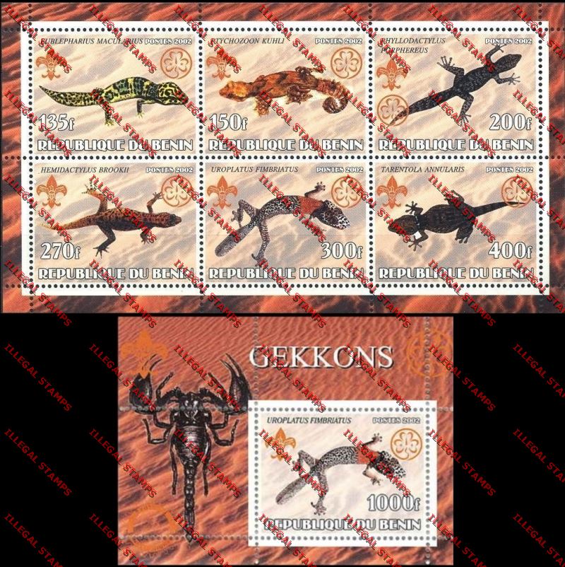 Benin 2002 Salamanders with Scouts Emblems Illegal Stamp Sheetlet of Six and Souvenir Sheet Titled Gekkons