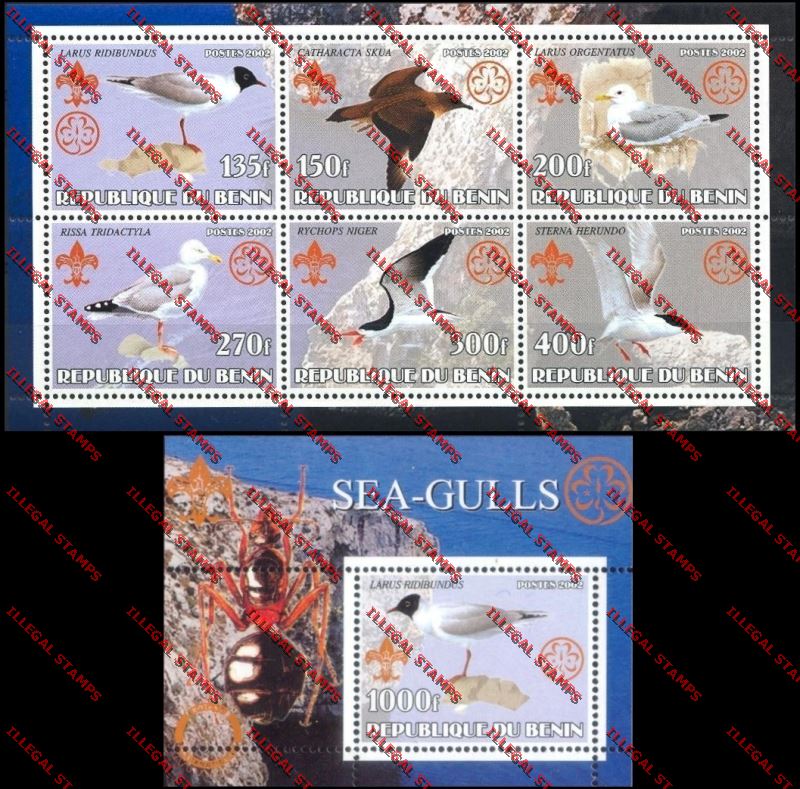 Benin 2002 Seagulls with Scouts Emblems Illegal Stamp Sheetlet of Six and Souvenir Sheet Titled Cricetinae