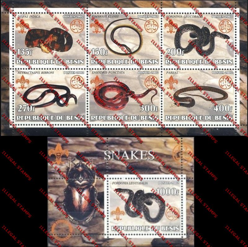 Benin 2002 Snakes with Scouts Emblems Illegal Stamp Sheetlet of Six and Souvenir Sheet