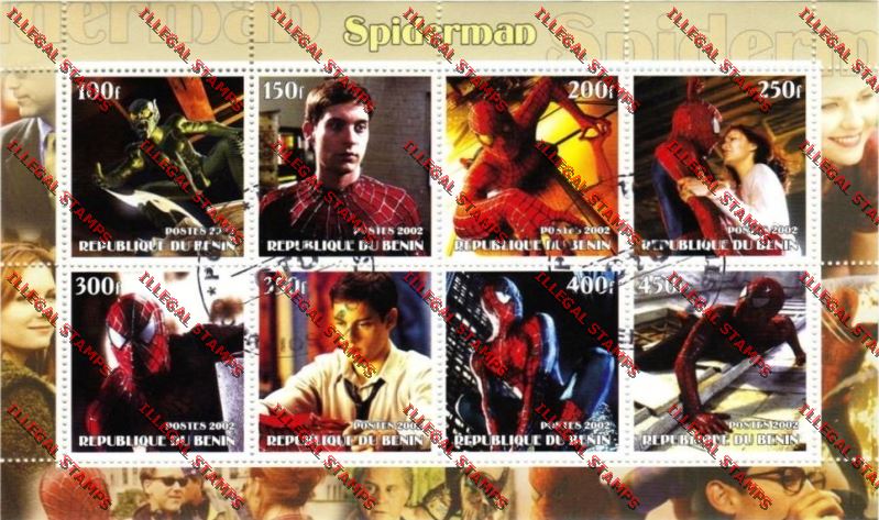 Benin 2002 Spiderman Illegal Stamp Sheetlet of Eight