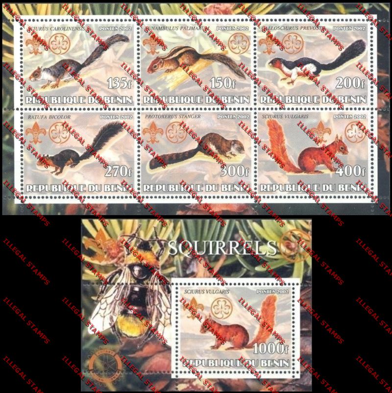 Benin 2002 Squirrels with Scouts Emblems Illegal Stamp Sheetlet of Six and Souvenir Sheet