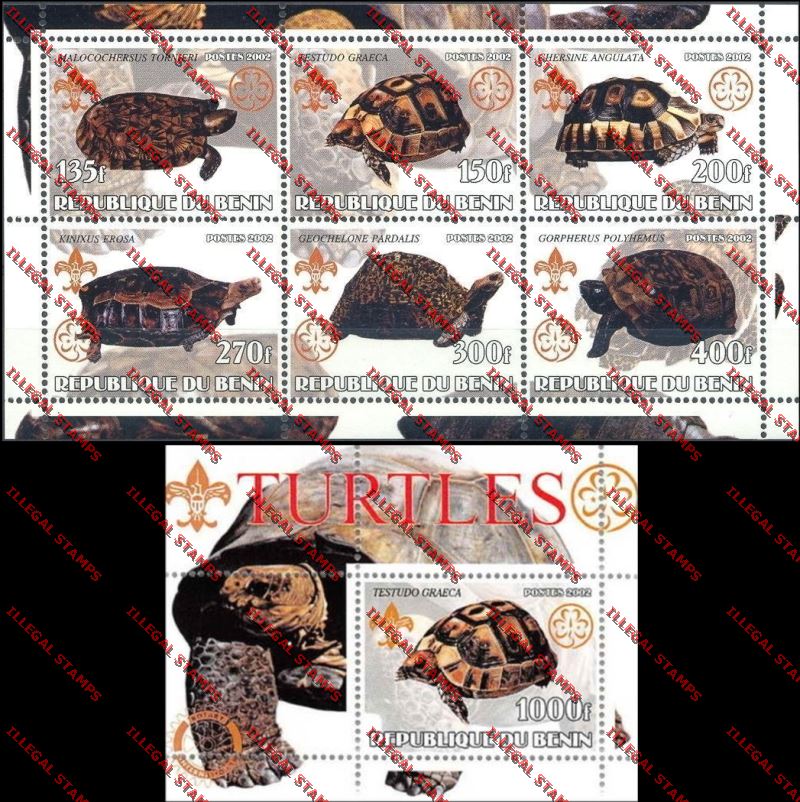 Benin 2002 Turtles with Scouts Emblems Illegal Stamp Sheetlet of Six and Souvenir Sheet