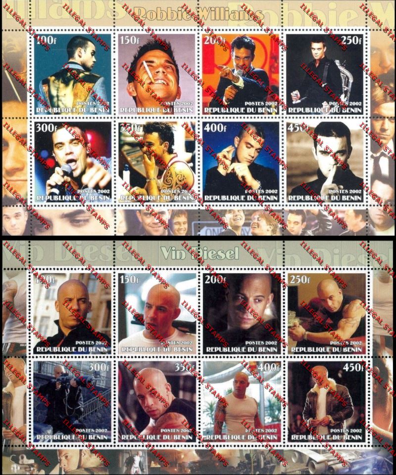 Benin 2002 Robbie Williams and Vin Diesel Illegal Stamp Sheetlets of Eight