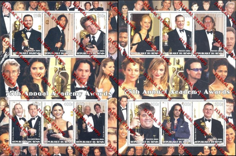 Benin 2003 Actors and Actresses 75th Annual Academy Awards Illegal Stamp Sheetlets of Six