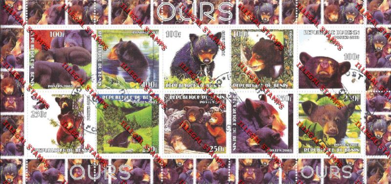 Benin 2003 Bears Illegal Stamp Sheetlet of Ten