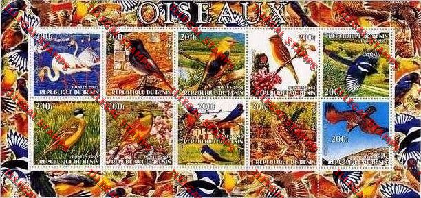 Benin 2003 Birds Illegal Stamp Sheetlet of Ten Titled Oiseaux