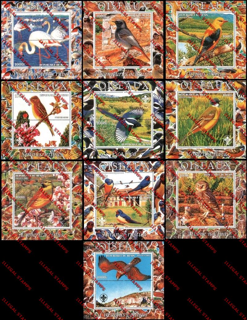 Benin 2003 Birds with Scouting Emblem Illegal Stamp Souvenir Sheets Titled Oiseaux