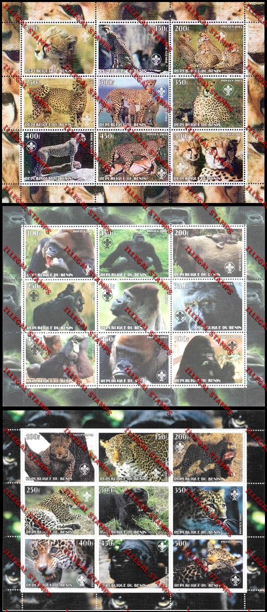 Benin 2003 Cheetahs, Gorilla's, Panthers and Leopards with Scout Logo Illegal Stamp Sheetlets of Nine
