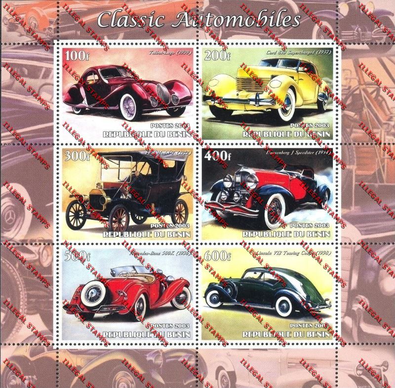 Benin 2003 Classic Automobiles Illegal Stamp Sheetlet of Six