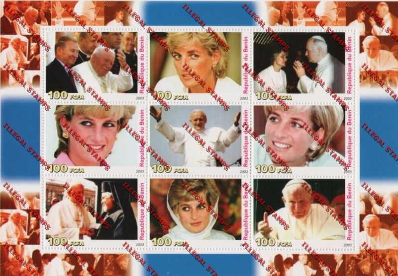 Benin 2003 Princess Diana and Pope John Paul II Illegal Stamp Sheetlet of Nine