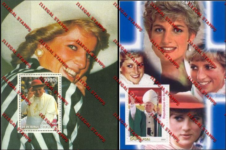 Benin 2003 Princess Diana and Pope John Paul II Illegal Stamp Souvenir Sheets