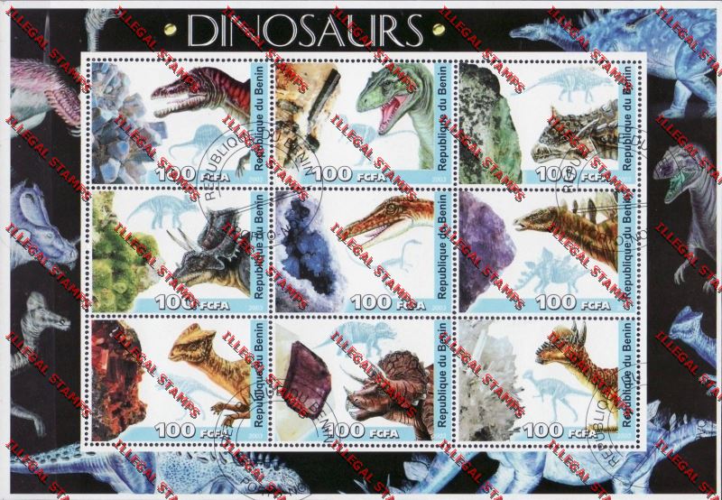 Benin 2003 Dinosaurs and Minerals Illegal Stamp Sheetlet of Nine