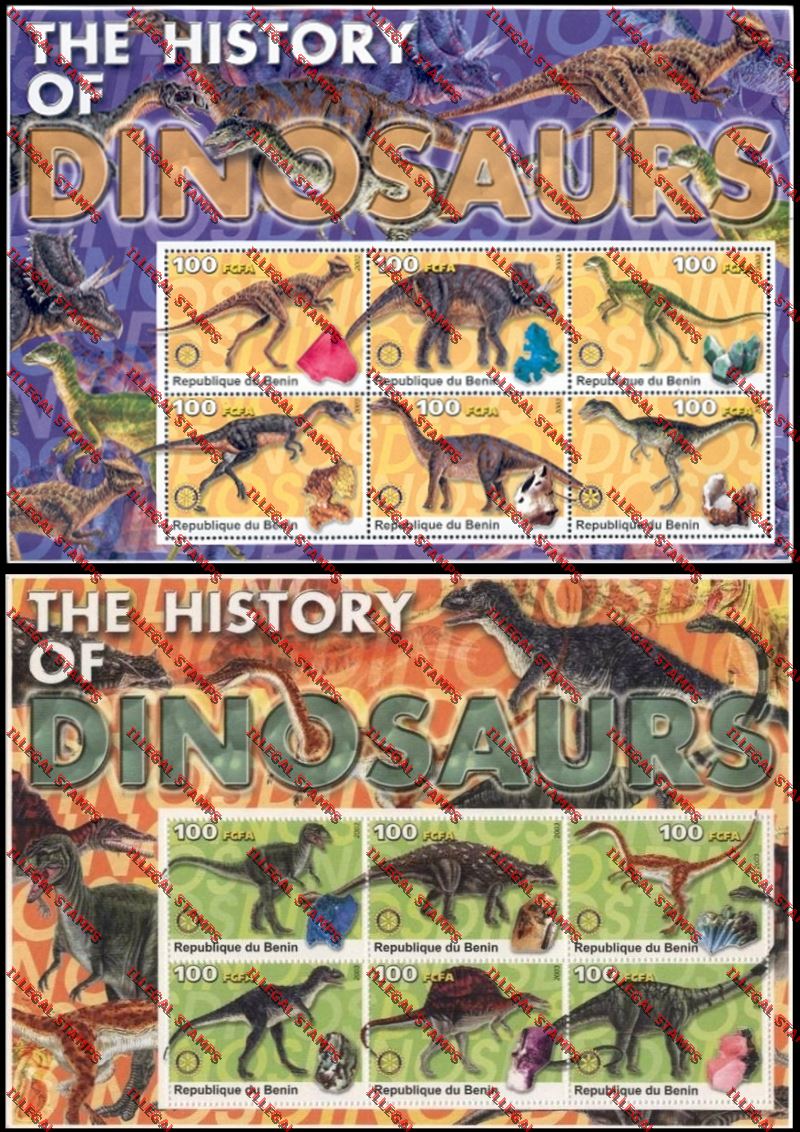 Benin 2003 Dinosaurs with Rotary Logo Illegal Stamp Miniature Sheets of Six