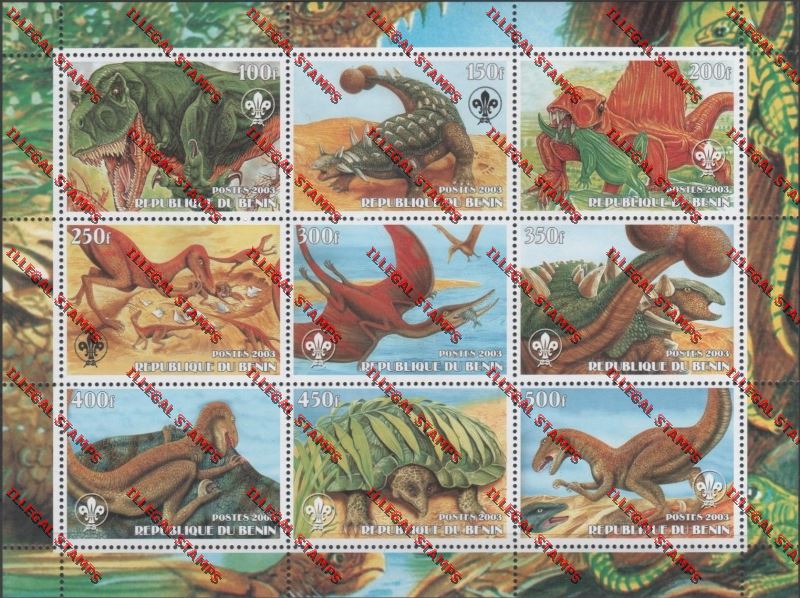 Benin 2003 Dinosaurs in Action with Scout Logo Illegal Stamp Sheetlet of Nine