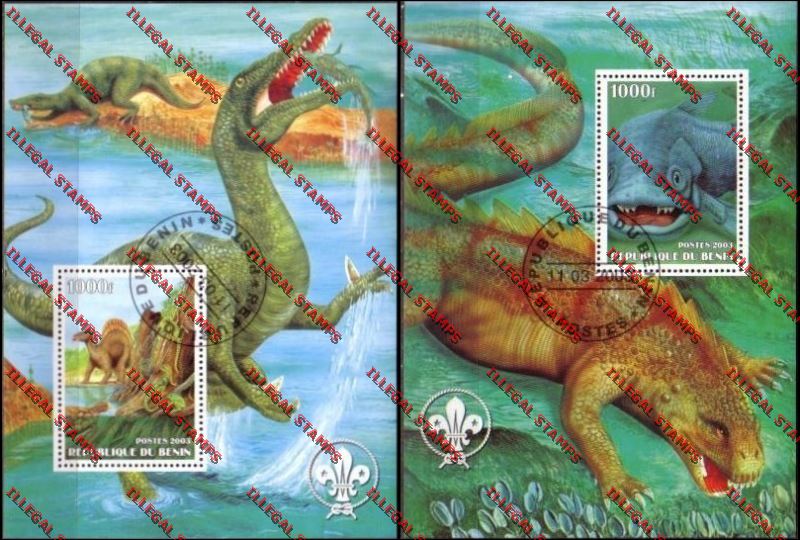 Benin 2003 Dinosaurs with Scouts Emblem Illegal Stamp Souvenir Sheets