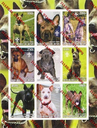 Benin 2003 Dogs with Scout Logo Illegal Stamp Sheetlet of Nine