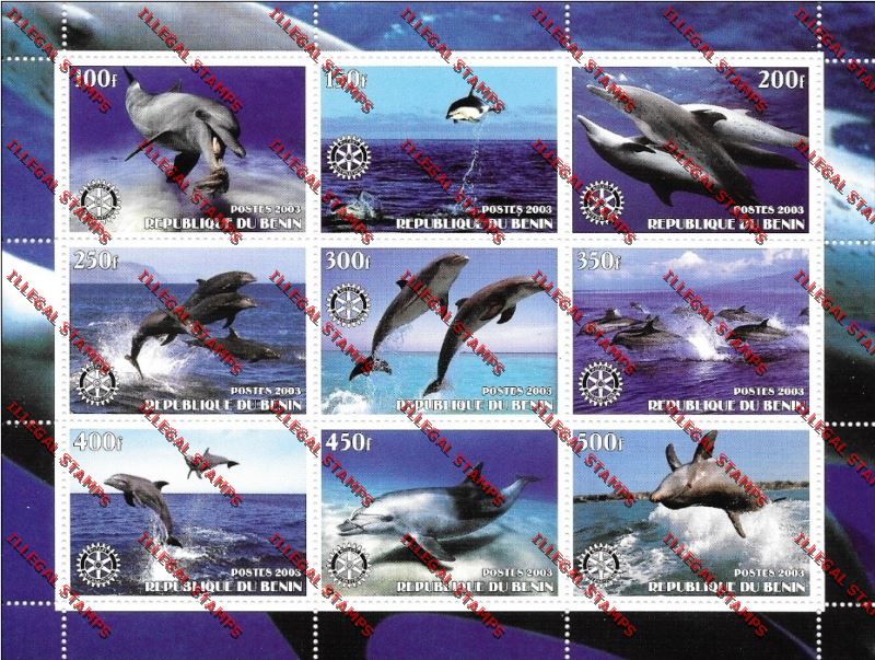 Benin 2003 Dolphins with Rotary Emblem Illegal Stamp Sheetlet of Nine