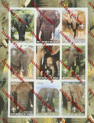 Benin 2003 Elephants with Scout Logo Illegal Stamp Sheetlet of Nine