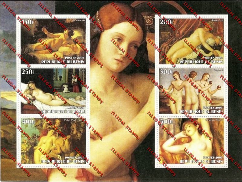 Benin 2003 Famous Nude Paintings Illegal Stamp Souvenir Sheetlet of Six