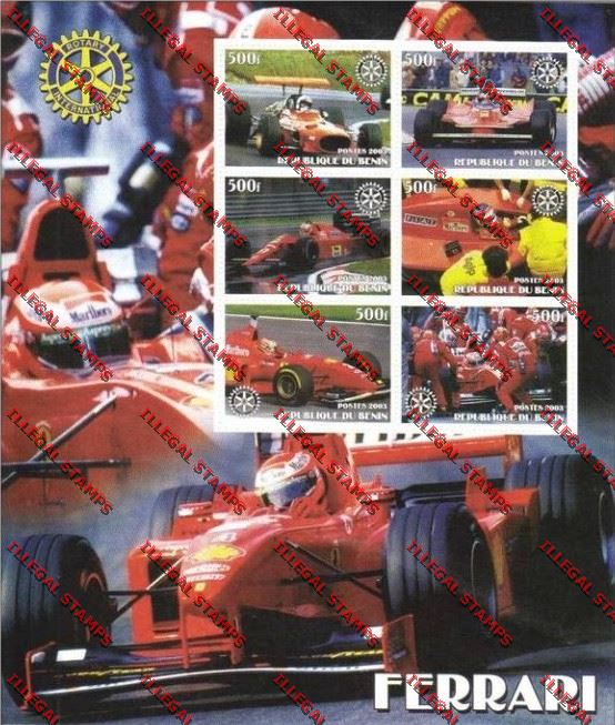 Benin 2003 Ferrari Racing Cars with Rotary Emblem Illegal Stamp Souvenir Sheetlet of Six