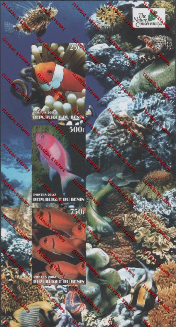 Benin 2003 Tropical Fish Nature Conservancy Illegal Stamp Souvenir Sheet with Three Stamps