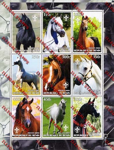 Benin 2003 Horses with Scout Logo Illegal Stamp Sheetlet of Nine