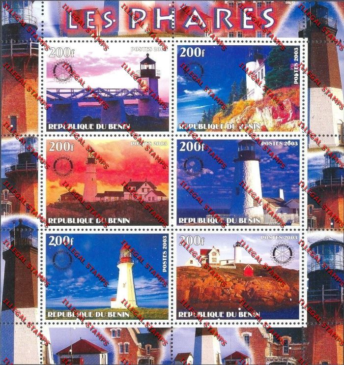 Benin 2003 Lighthouses (Les Phares) with Rotary Emblem Illegal Stamp Sheetlet of Six