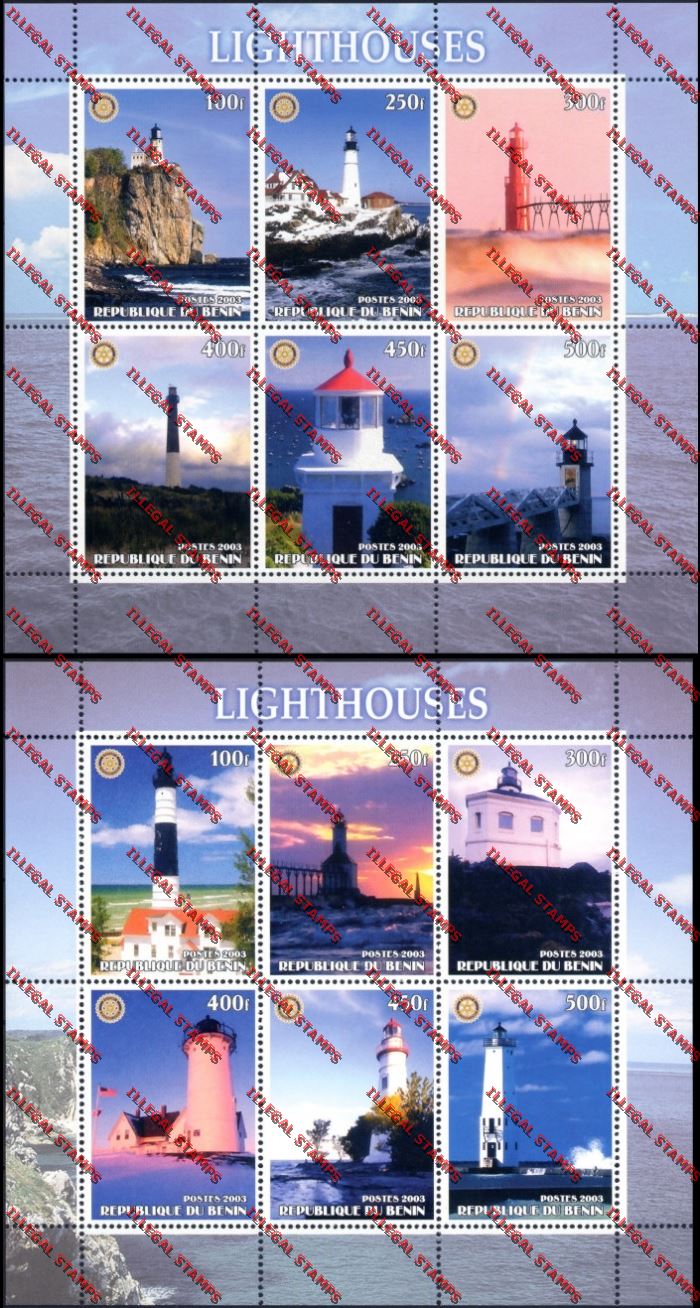 Benin 2003 Lighthouses with Rotary Emblem Illegal Stamp Sheetlets of Six