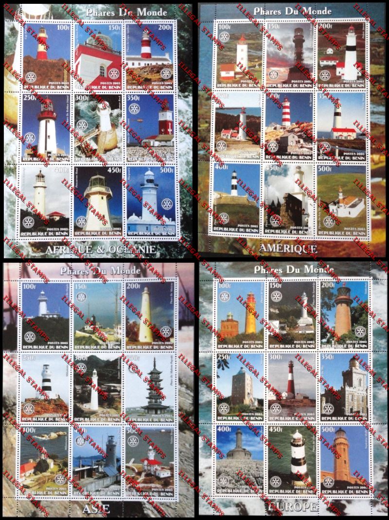Benin 2003 Lighthouses (Phares do Monde) with Rotary Emblem Illegal Stamp Sheetlets of Nine