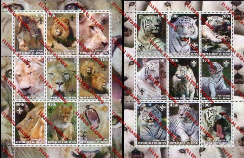 Benin 2003 Lions and Tigers with Scout Logo Illegal Stamp Sheetlets of Nine