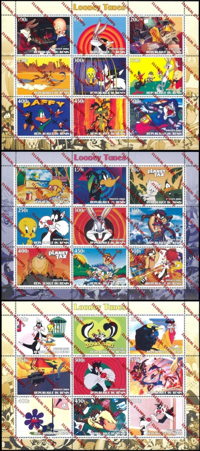 Benin 2003 Looney Tunes Cartoon Illegal Stamp Sheetlets of Nine