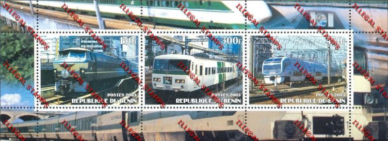 Benin 2003 Modern Trains Illegal Stamp Souvenir Sheetlet of Three