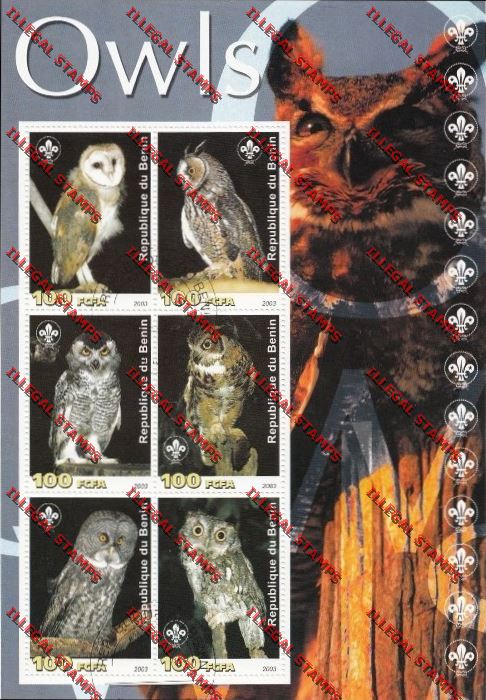 Benin 2003 Owls with Scouting Emblems Illegal Stamp Souvenir Sheetlet of Six
